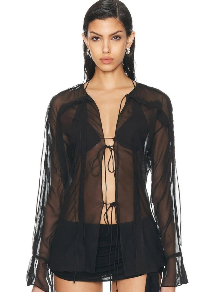 Floating Sheer Lapped Shirt - Black