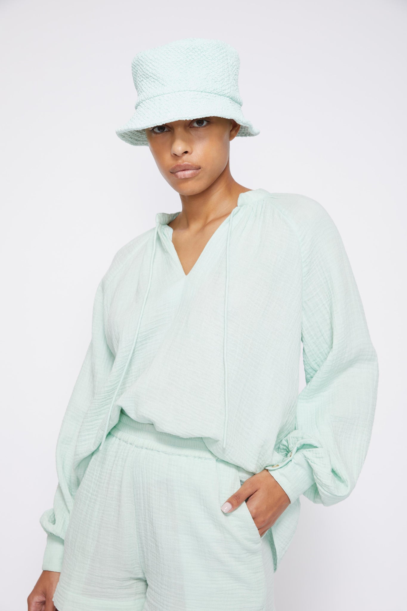 Anneka Organic Cotton Gauze Relaxed Tie Front Blouse - Seafoam –